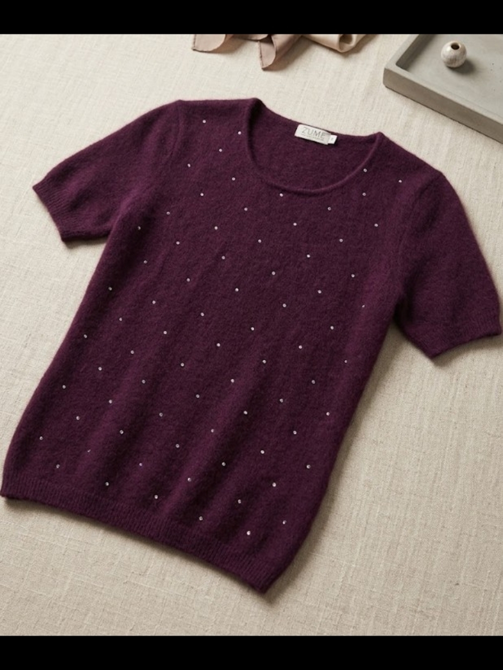 100% Cashmere Dark Plum Short Sleeve Scattered Rhinestone Top (Sz M) Lux